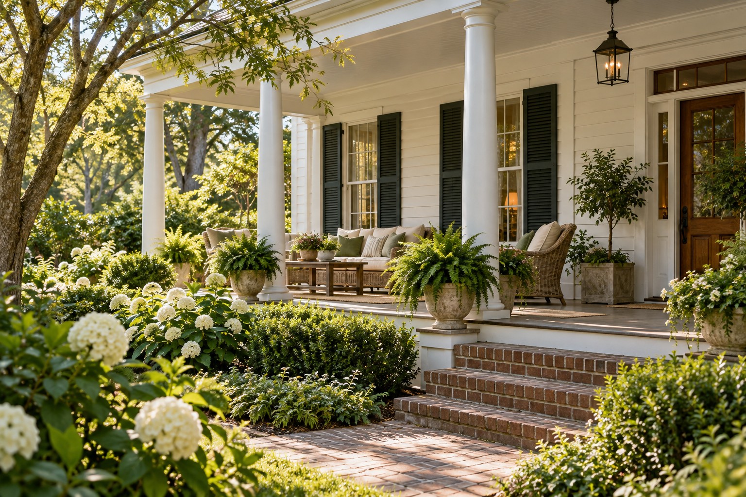 A welcoming Southern porch with green shutters and garden views